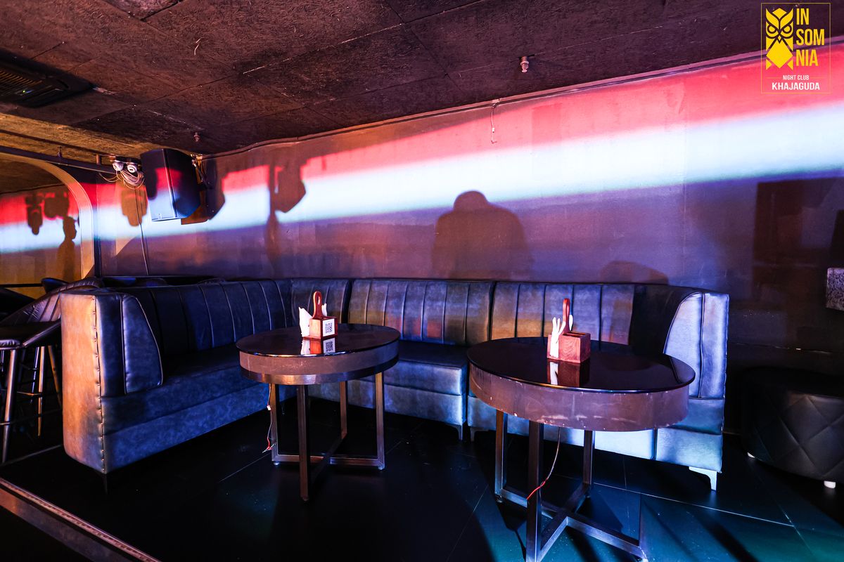 VIP leather booth seating with private tables — Insomnia Night Club, Khajaguda, Hyderabad