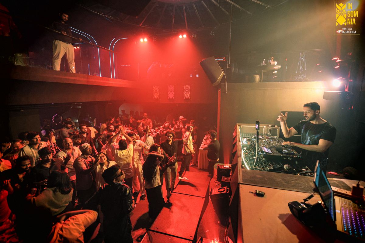 The room lit up mid-track — Insomnia Night Club, Khajaguda, Hyderabad